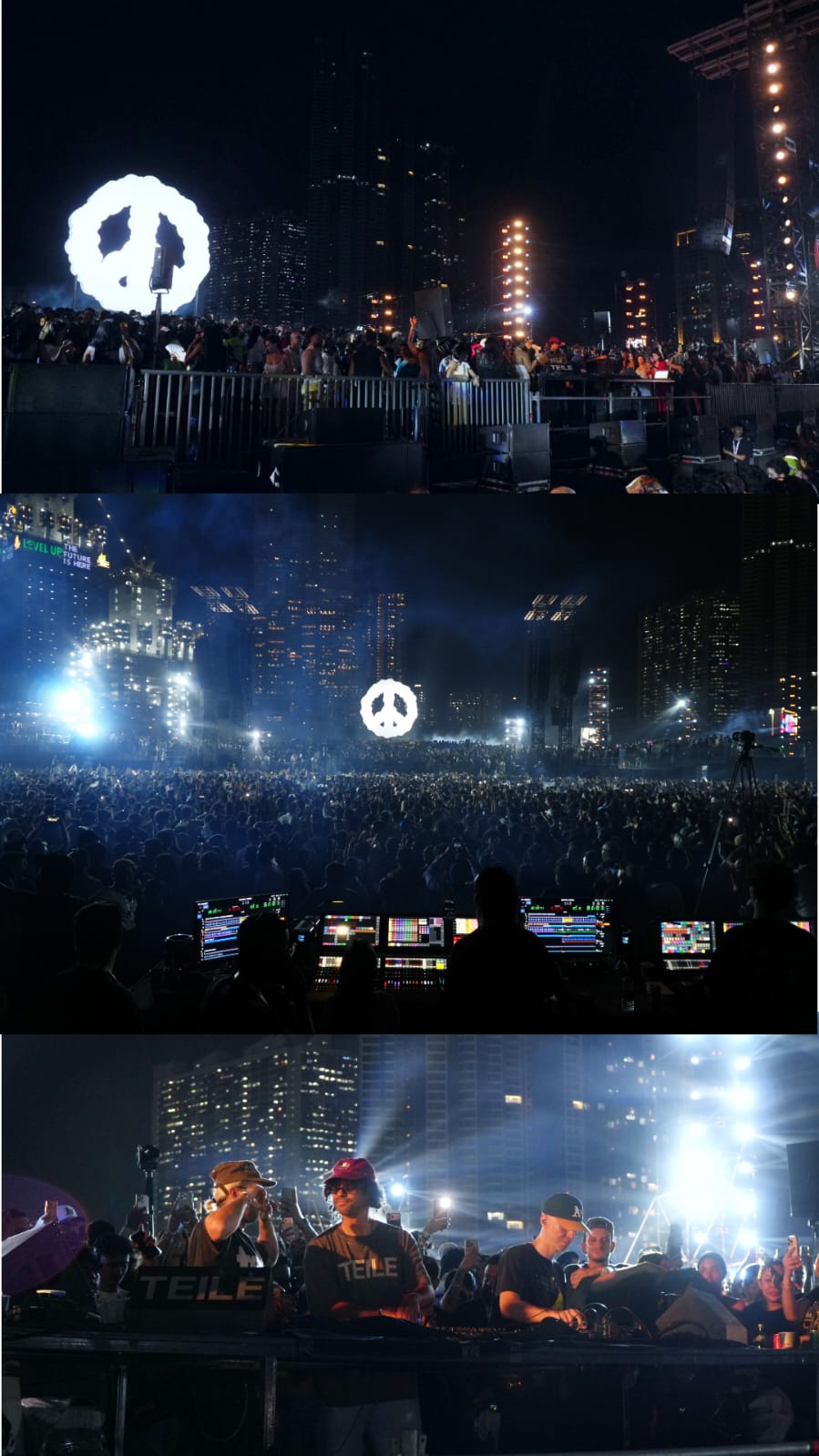 Keinemusik stage collage featuring peace sign visual, crowd, FOH and DJs performing