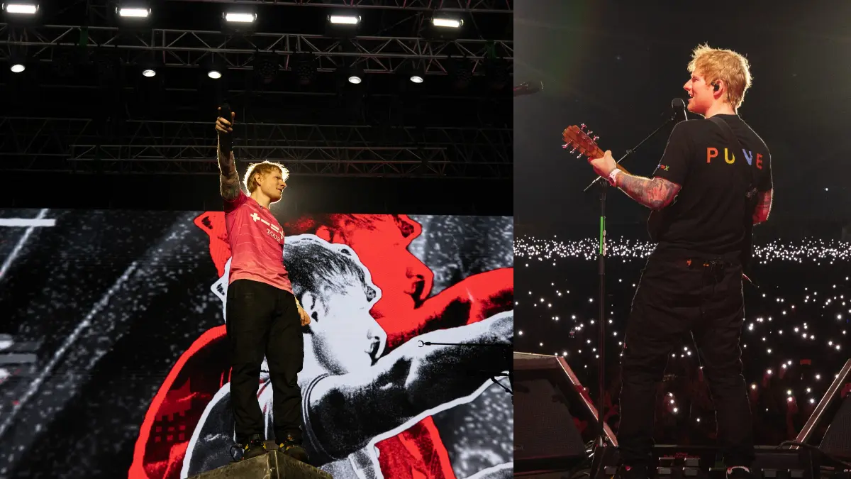 Ed Sheeran on stage in Pune with a red and black LED backdrop and phone lights from the crowd during his 2025 India Tour