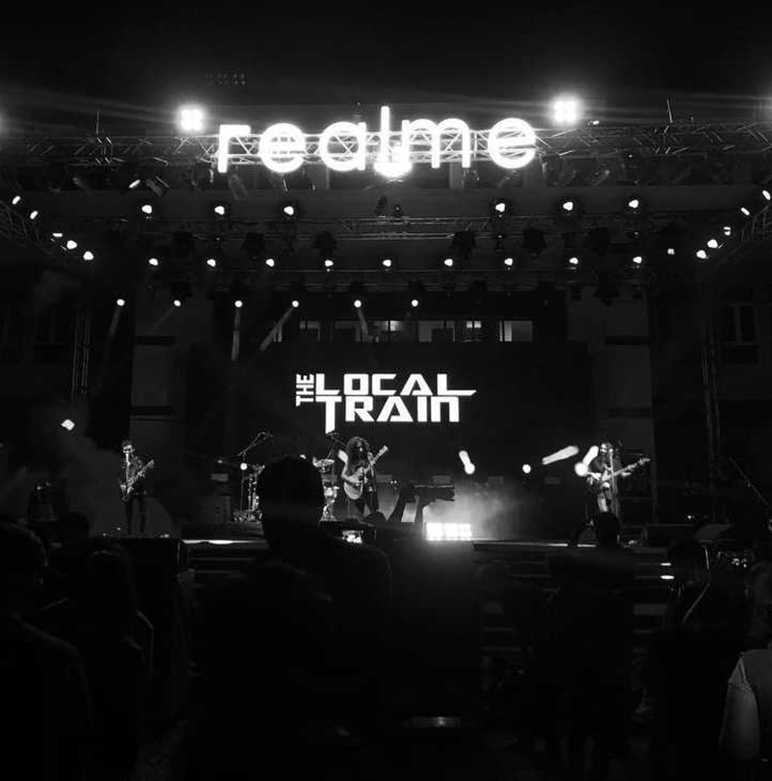 The Local Train performing at Realme event in black and white