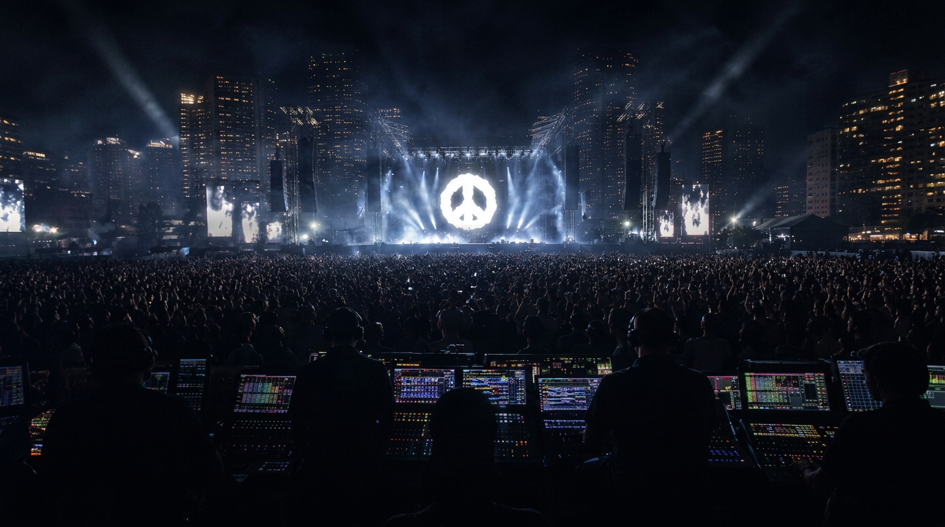 Concert stage with line array speakers and dramatic lighting